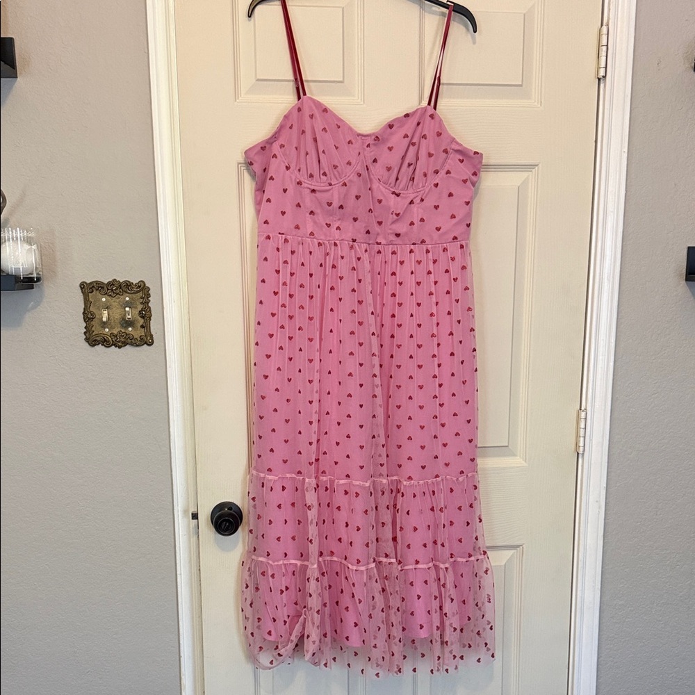Betsey Johnson Pink Chiffon Maxi Dress with Red Heart Print